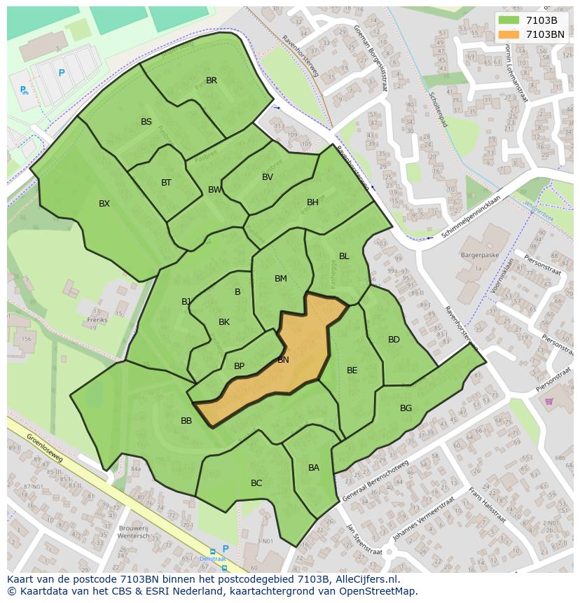 Afbeelding van het postcodegebied 7103 BN op de kaart.