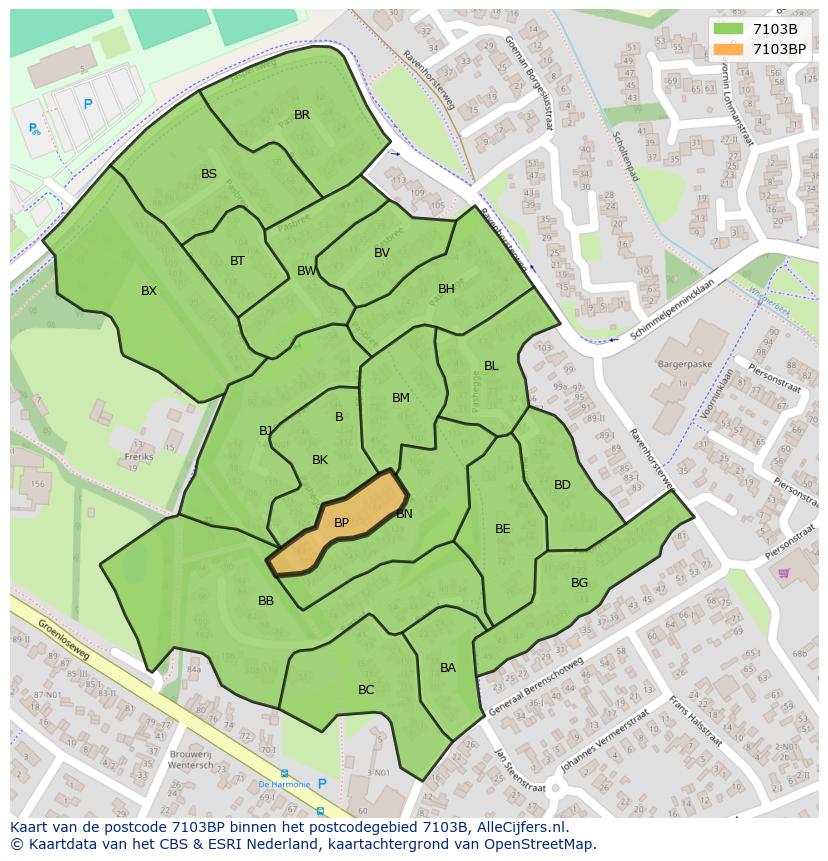 Afbeelding van het postcodegebied 7103 BP op de kaart.