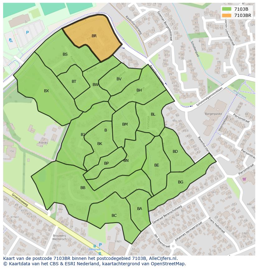 Afbeelding van het postcodegebied 7103 BR op de kaart.