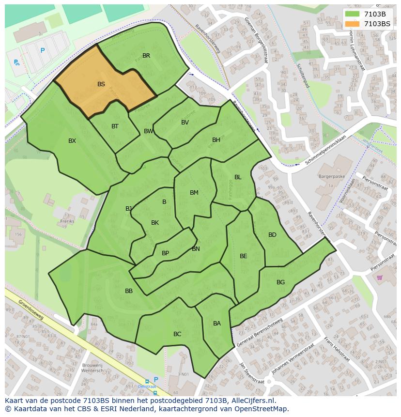 Afbeelding van het postcodegebied 7103 BS op de kaart.