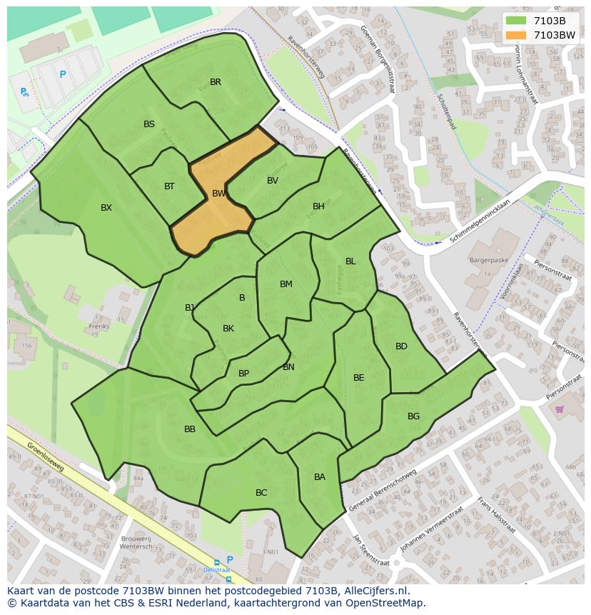Afbeelding van het postcodegebied 7103 BW op de kaart.