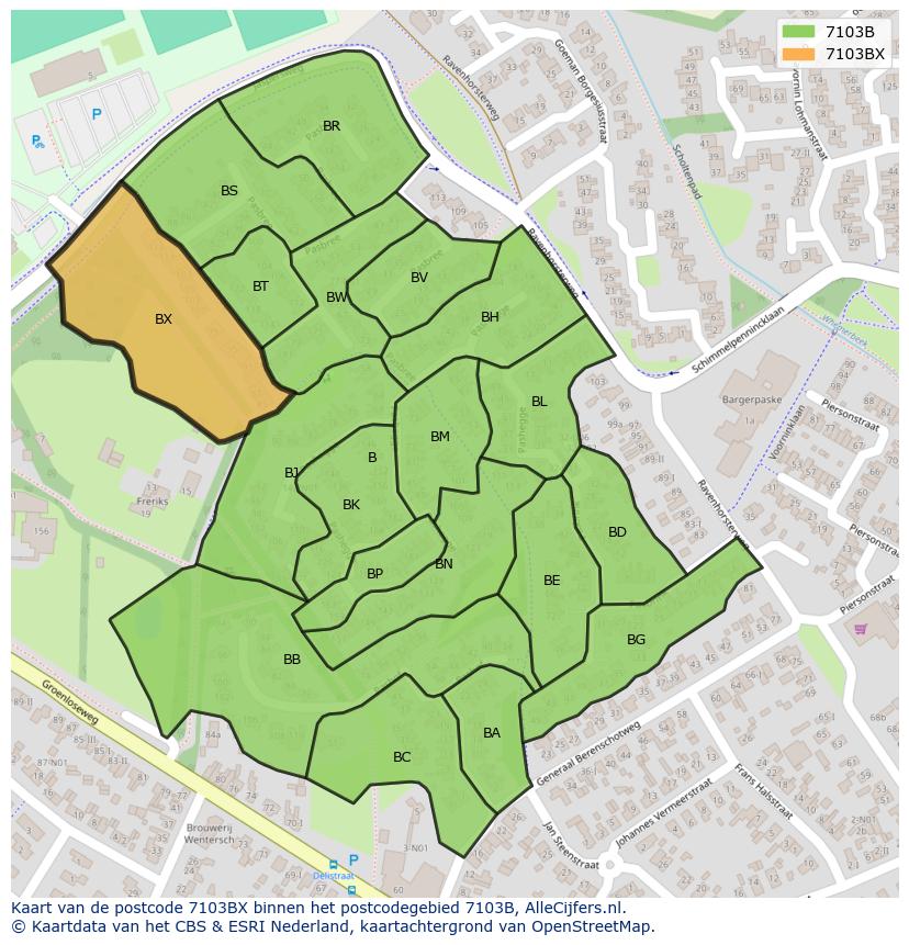 Afbeelding van het postcodegebied 7103 BX op de kaart.