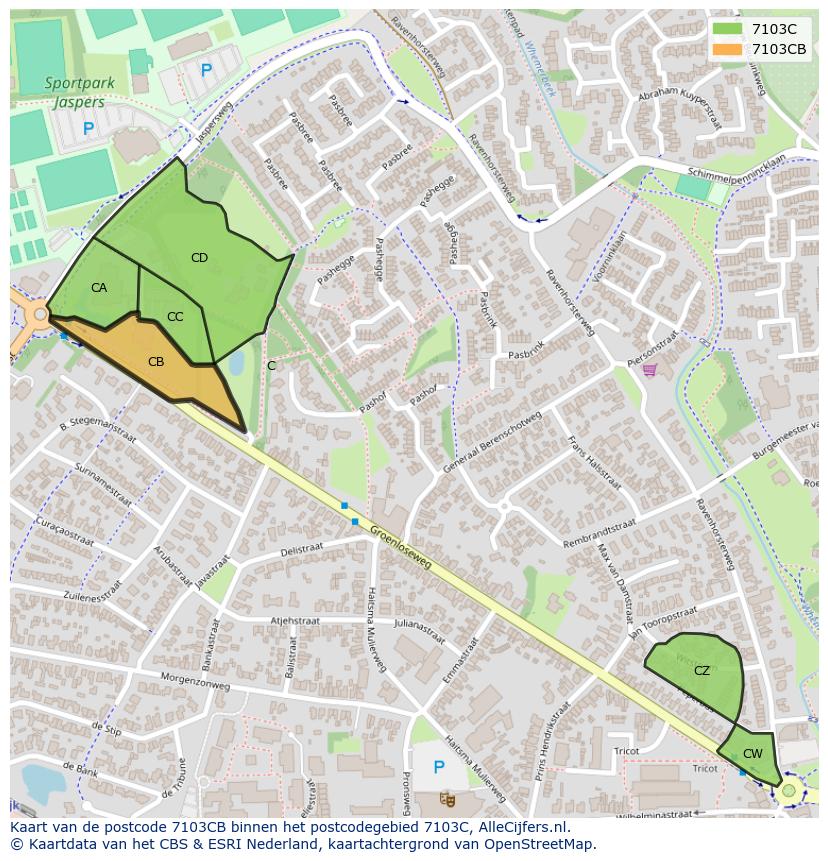 Afbeelding van het postcodegebied 7103 CB op de kaart.