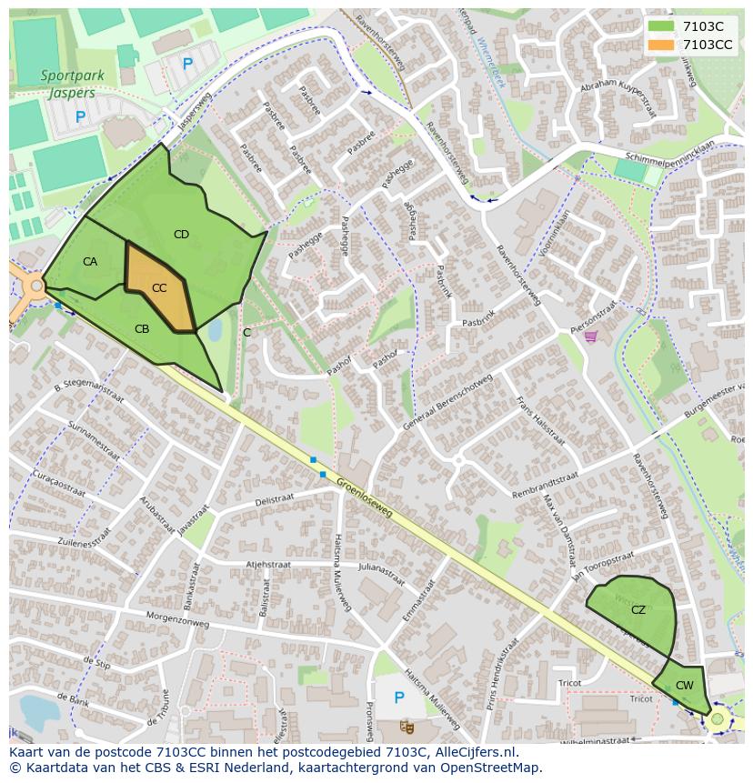 Afbeelding van het postcodegebied 7103 CC op de kaart.