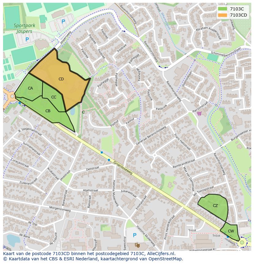 Afbeelding van het postcodegebied 7103 CD op de kaart.