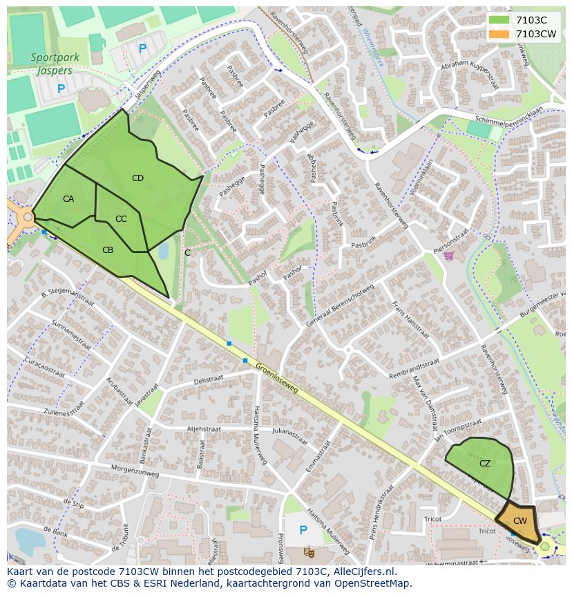 Afbeelding van het postcodegebied 7103 CW op de kaart.