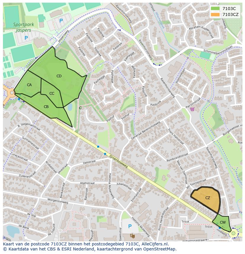 Afbeelding van het postcodegebied 7103 CZ op de kaart.