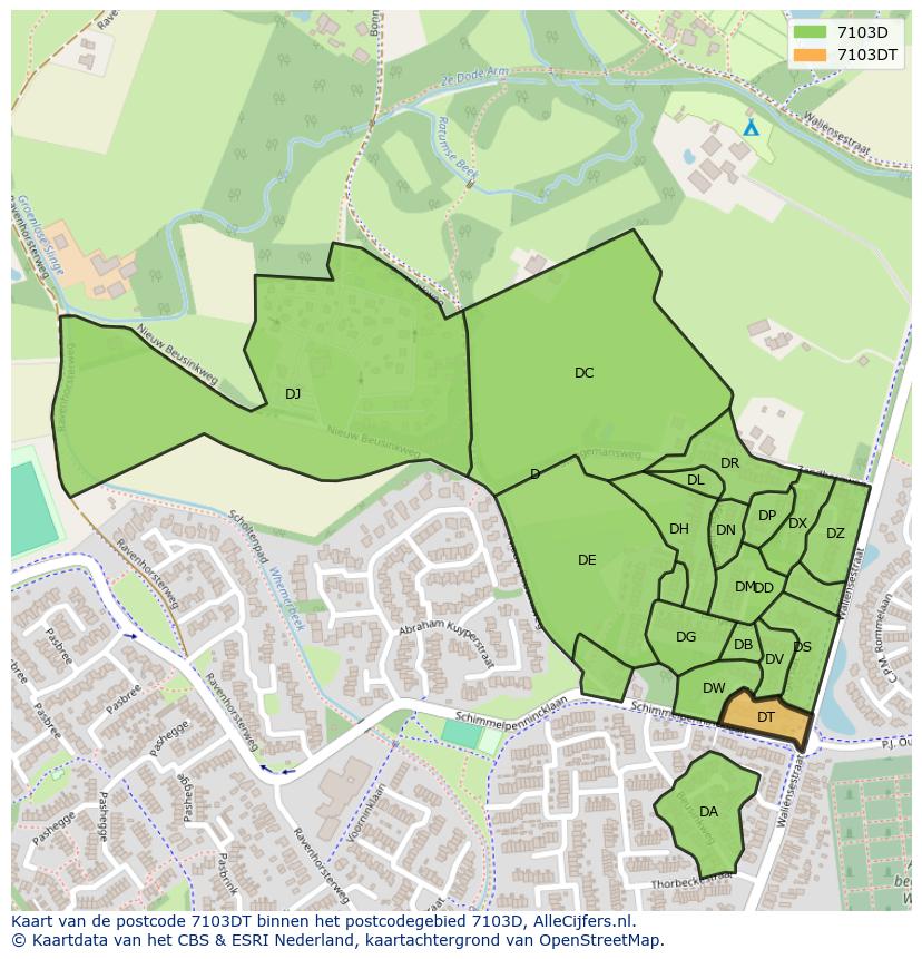 Afbeelding van het postcodegebied 7103 DT op de kaart.