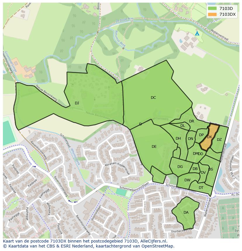 Afbeelding van het postcodegebied 7103 DX op de kaart.