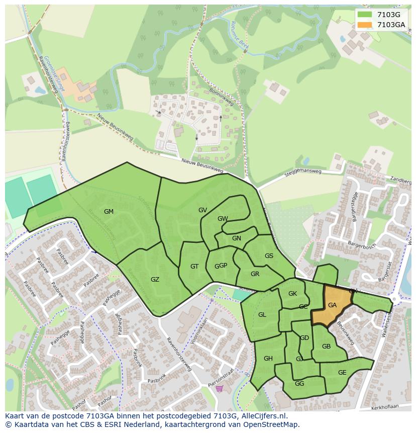 Afbeelding van het postcodegebied 7103 GA op de kaart.
