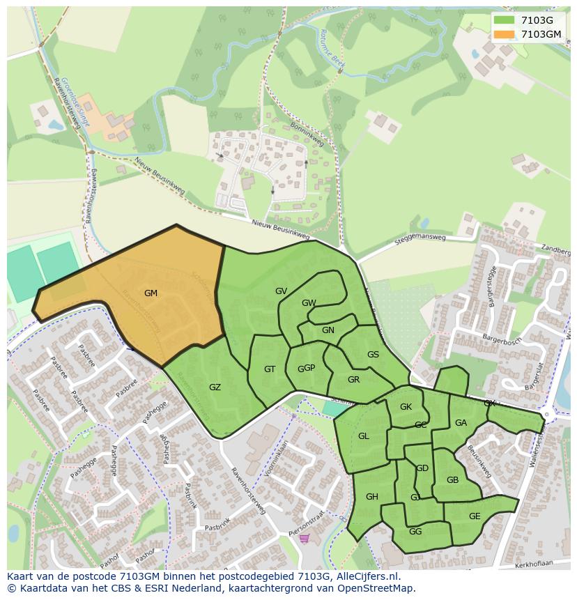 Afbeelding van het postcodegebied 7103 GM op de kaart.