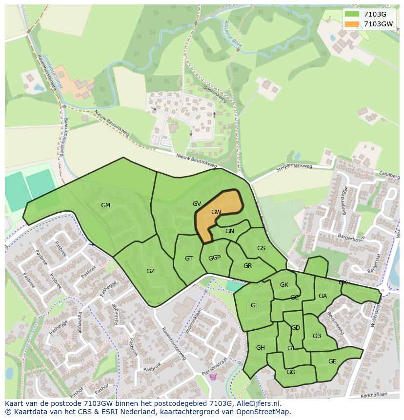 Afbeelding van het postcodegebied 7103 GW op de kaart.