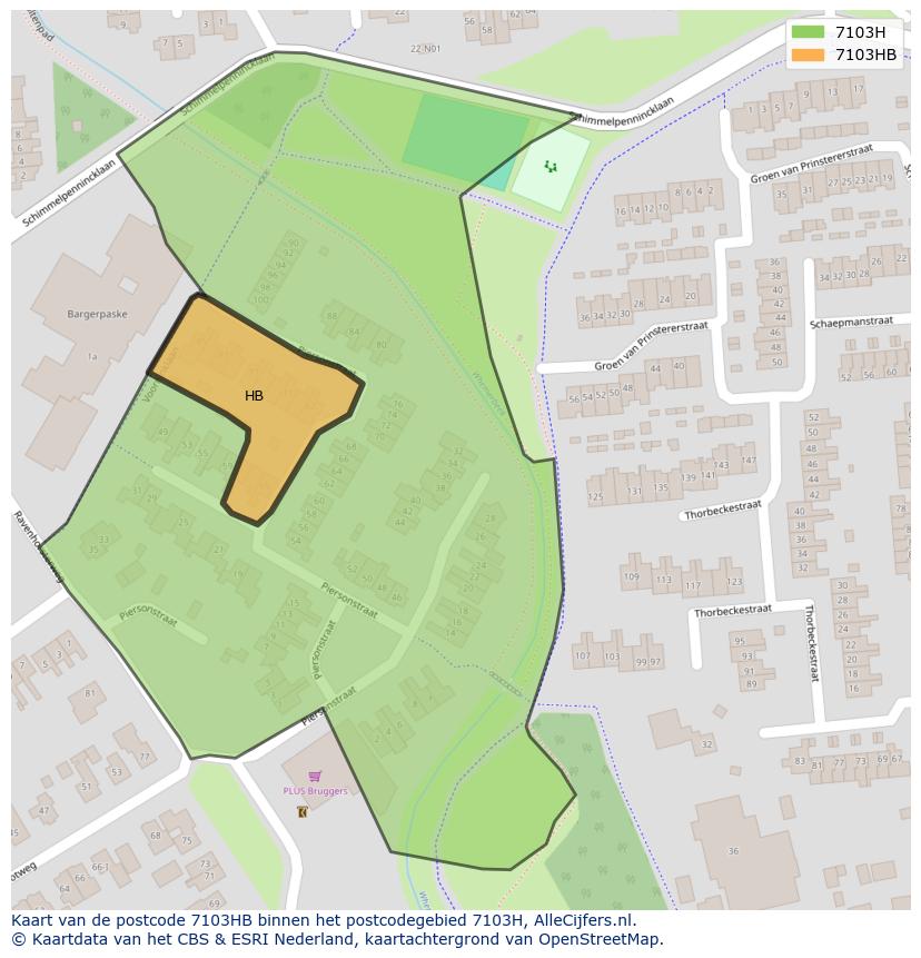 Afbeelding van het postcodegebied 7103 HB op de kaart.