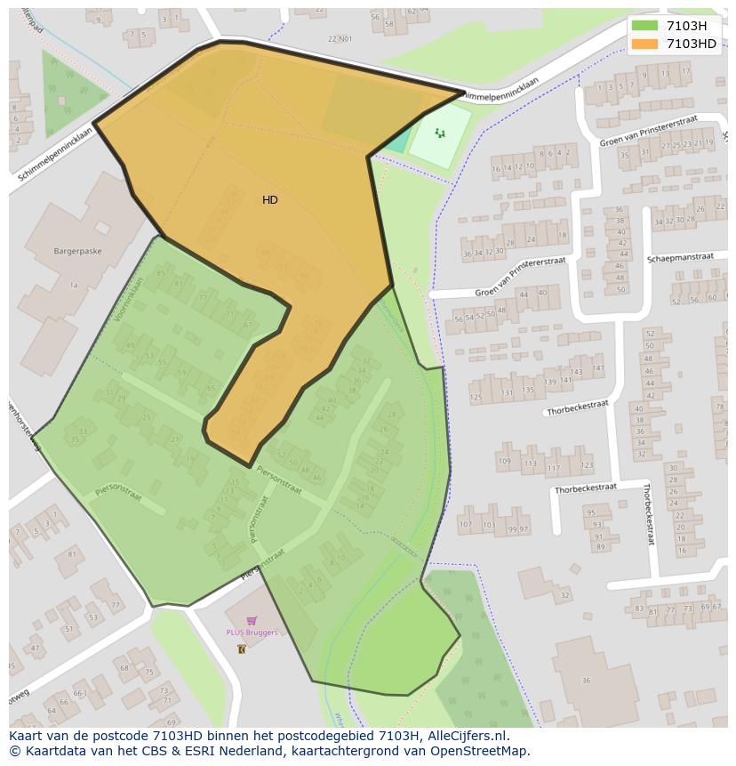 Afbeelding van het postcodegebied 7103 HD op de kaart.