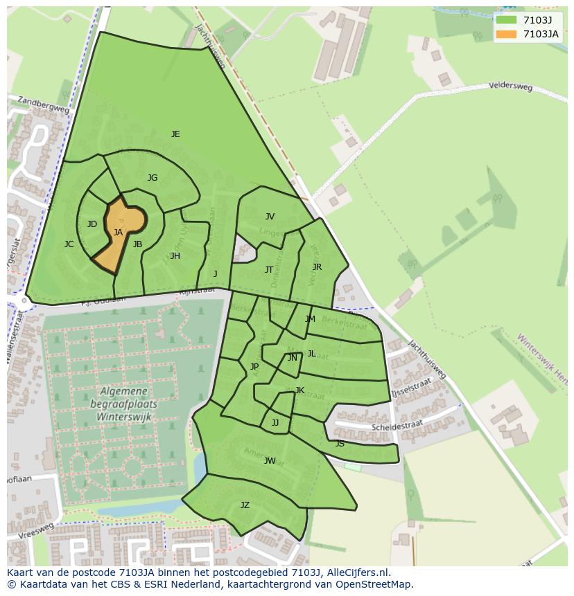 Afbeelding van het postcodegebied 7103 JA op de kaart.