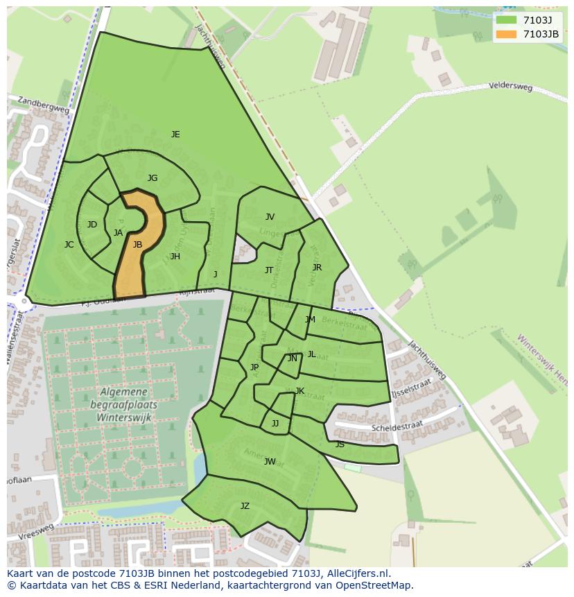 Afbeelding van het postcodegebied 7103 JB op de kaart.