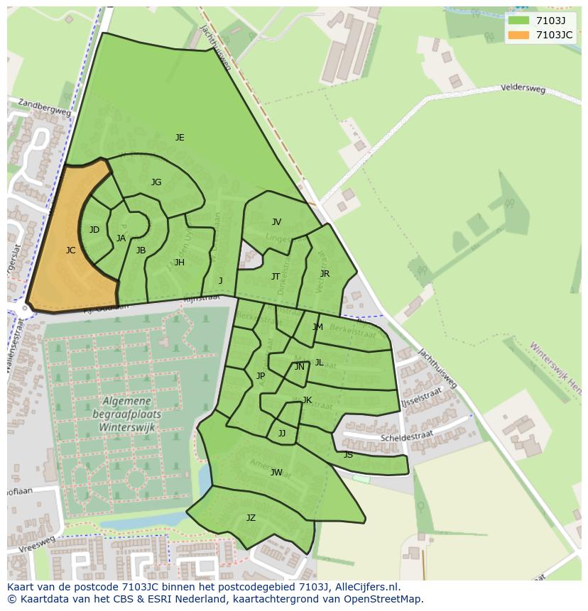 Afbeelding van het postcodegebied 7103 JC op de kaart.