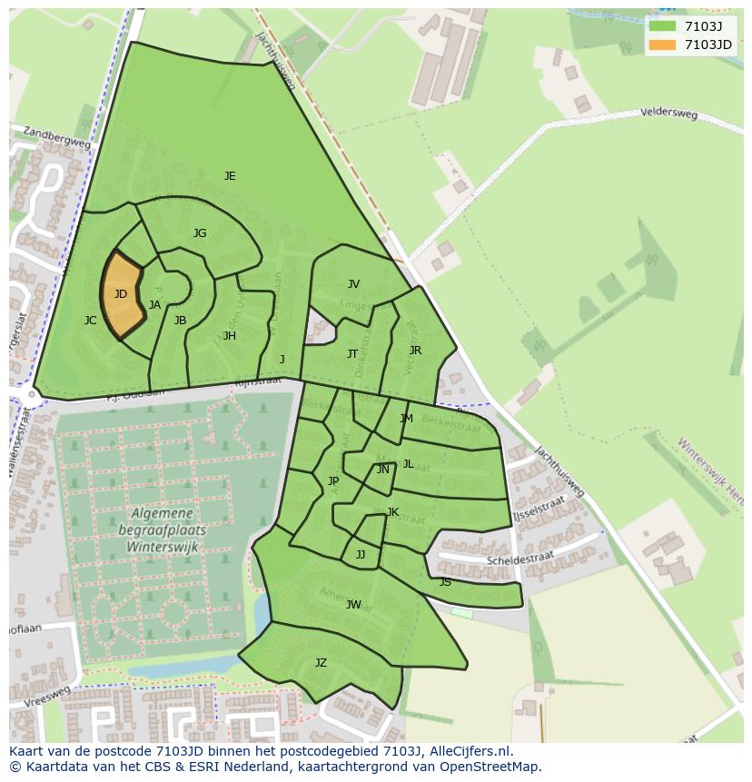 Afbeelding van het postcodegebied 7103 JD op de kaart.