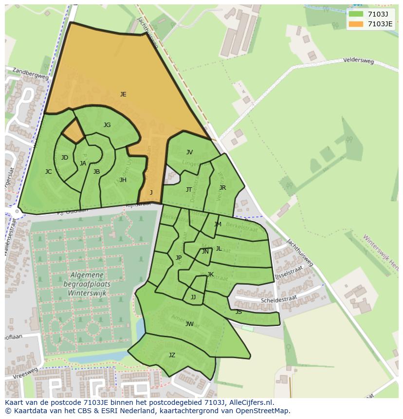 Afbeelding van het postcodegebied 7103 JE op de kaart.