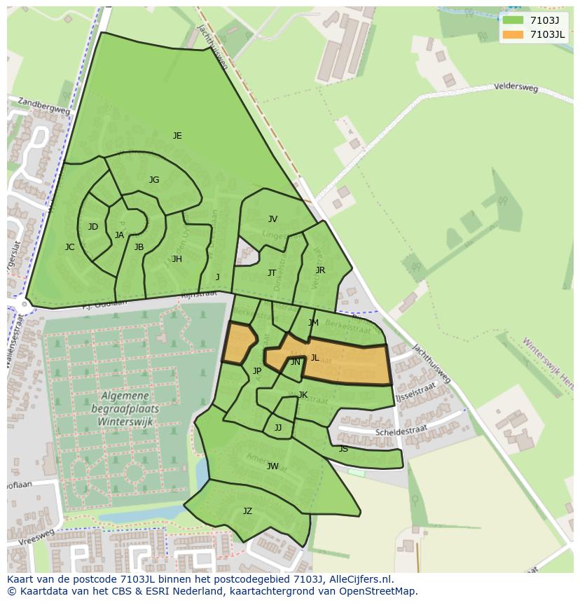 Afbeelding van het postcodegebied 7103 JL op de kaart.