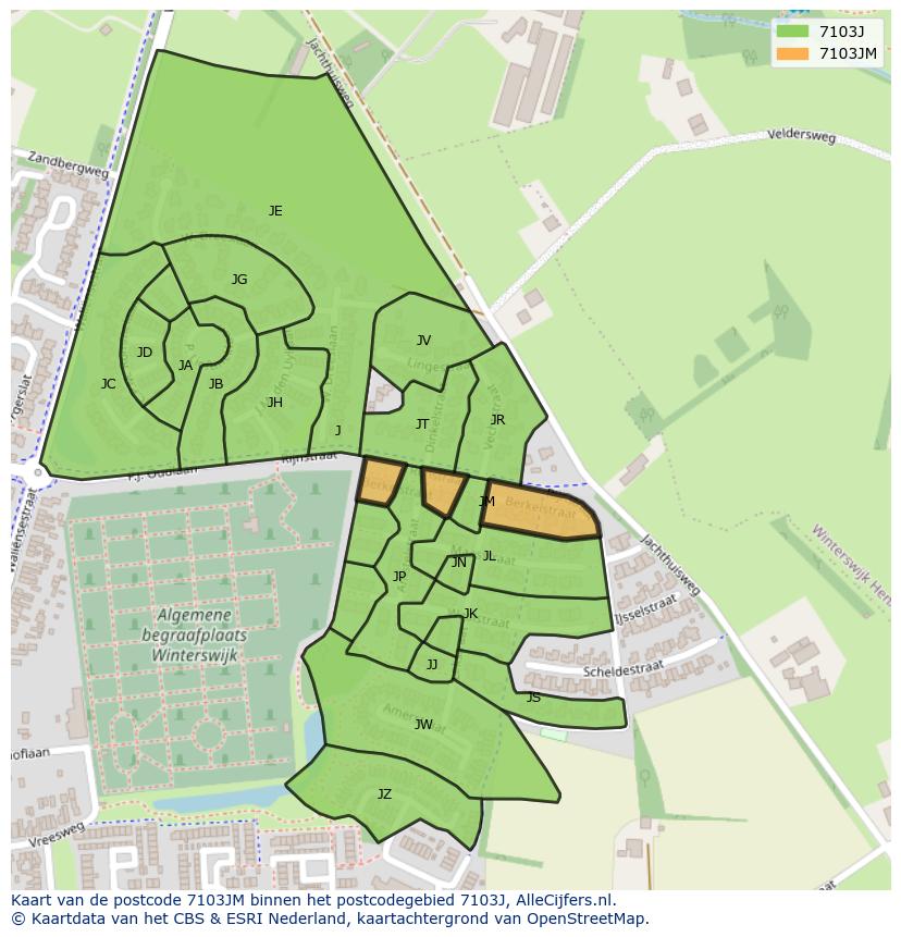 Afbeelding van het postcodegebied 7103 JM op de kaart.