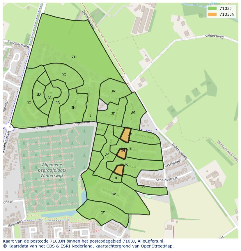 Afbeelding van het postcodegebied 7103 JN op de kaart.