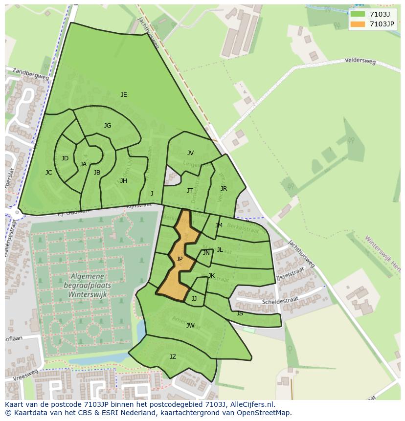 Afbeelding van het postcodegebied 7103 JP op de kaart.