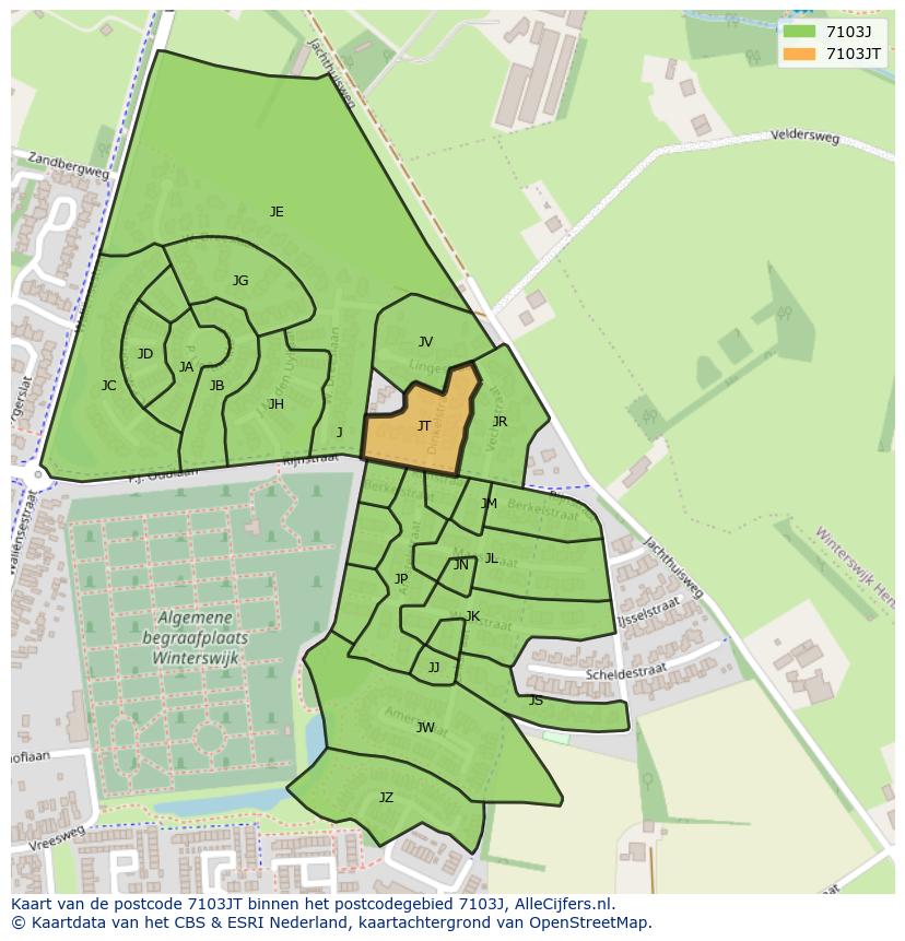 Afbeelding van het postcodegebied 7103 JT op de kaart.