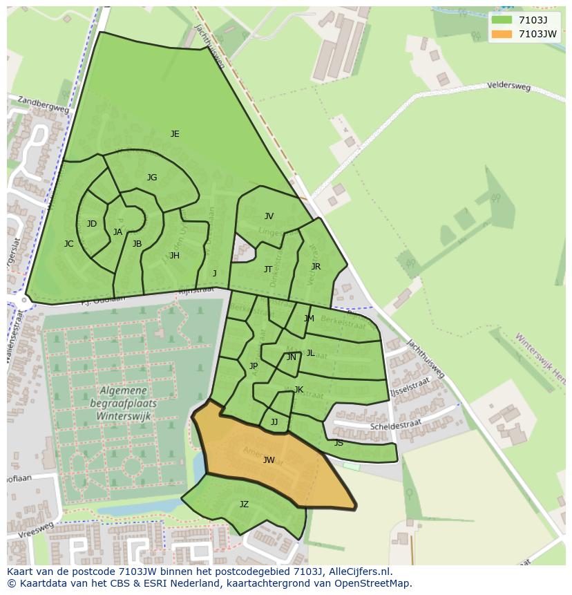 Afbeelding van het postcodegebied 7103 JW op de kaart.