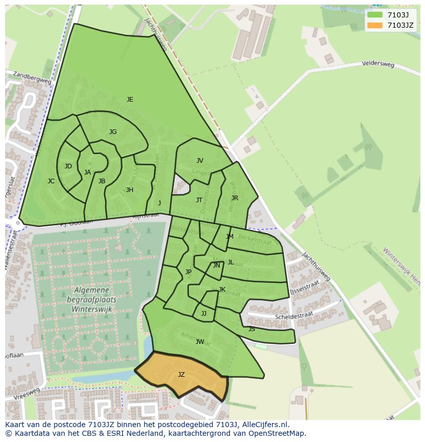 Afbeelding van het postcodegebied 7103 JZ op de kaart.