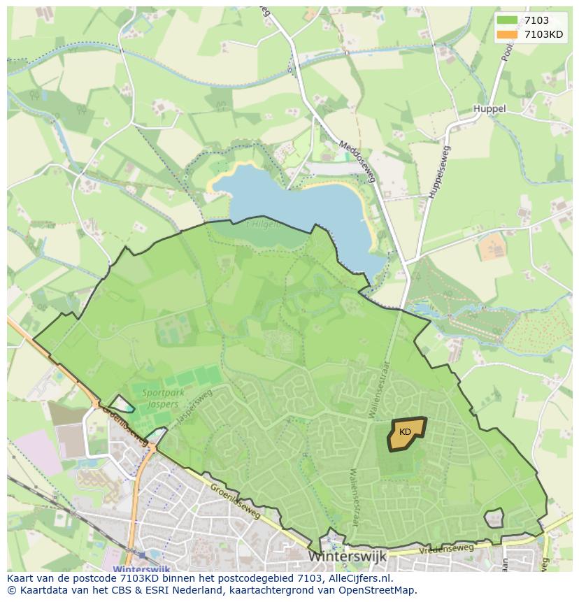 Afbeelding van het postcodegebied 7103 KD op de kaart.