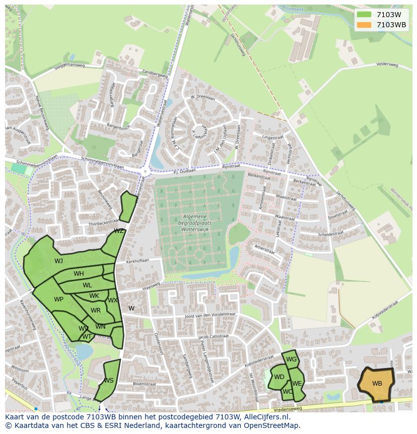 Afbeelding van het postcodegebied 7103 WB op de kaart.
