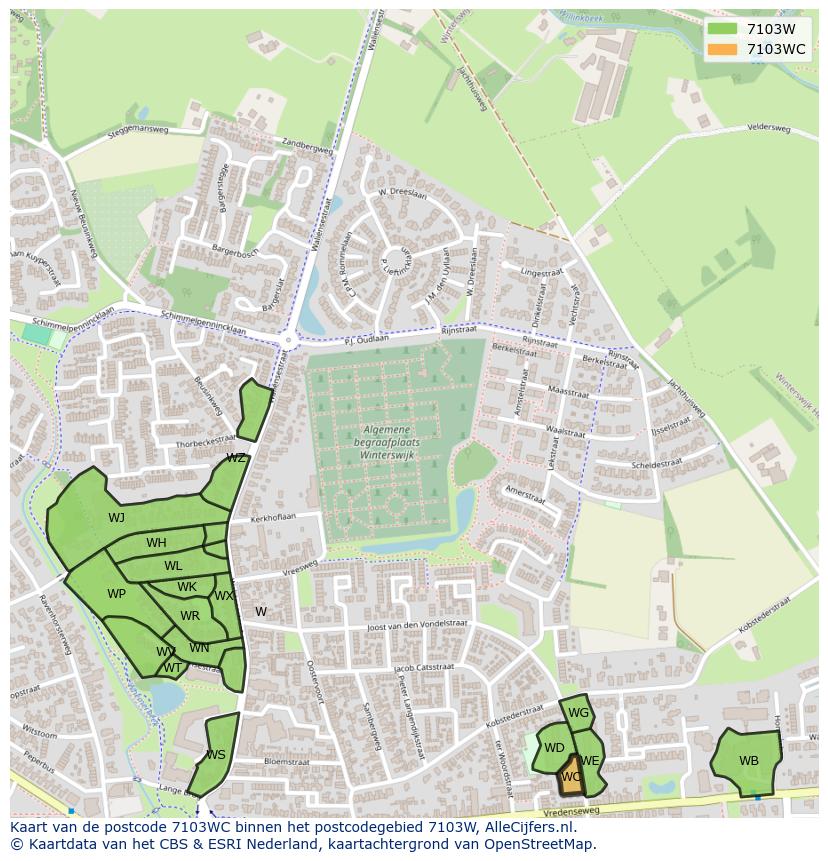 Afbeelding van het postcodegebied 7103 WC op de kaart.