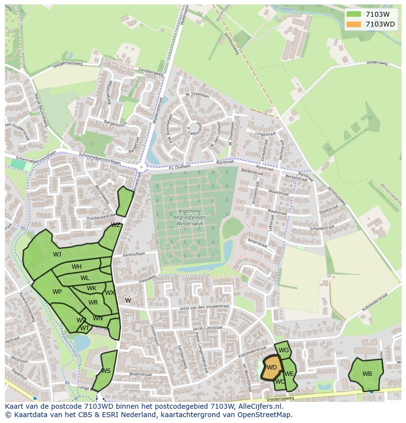 Afbeelding van het postcodegebied 7103 WD op de kaart.