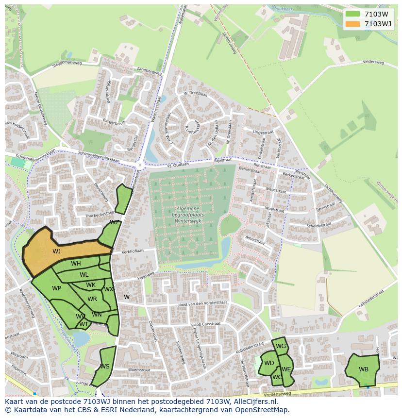 Afbeelding van het postcodegebied 7103 WJ op de kaart.