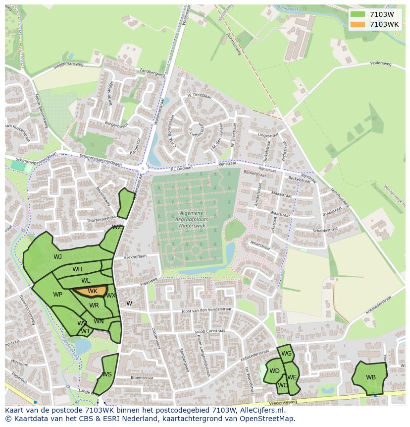 Afbeelding van het postcodegebied 7103 WK op de kaart.