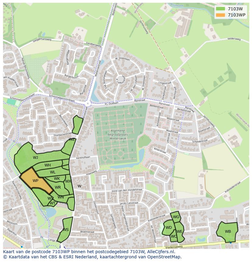 Afbeelding van het postcodegebied 7103 WP op de kaart.