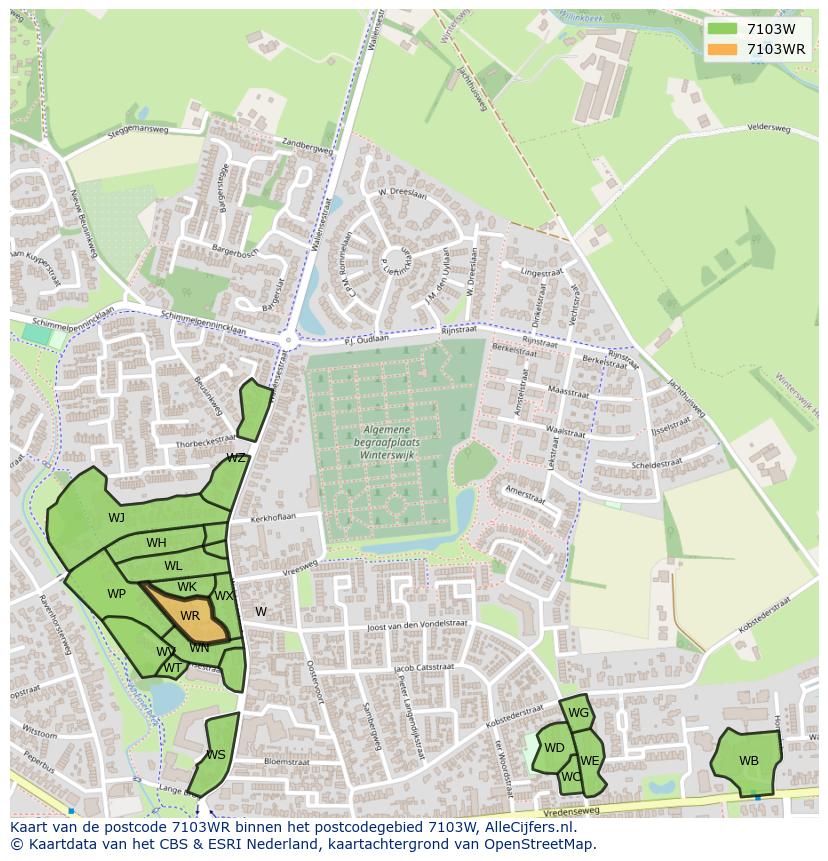 Afbeelding van het postcodegebied 7103 WR op de kaart.