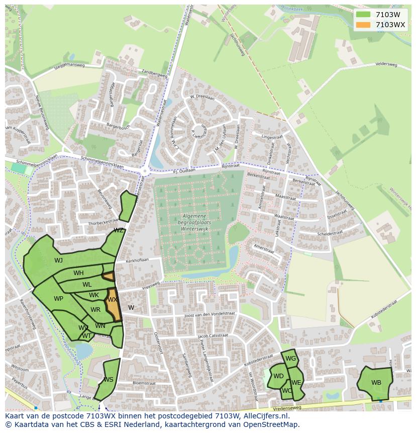 Afbeelding van het postcodegebied 7103 WX op de kaart.