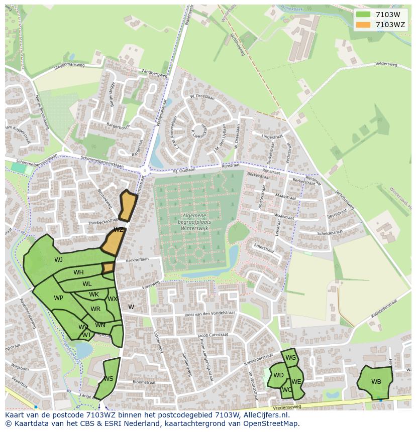 Afbeelding van het postcodegebied 7103 WZ op de kaart.