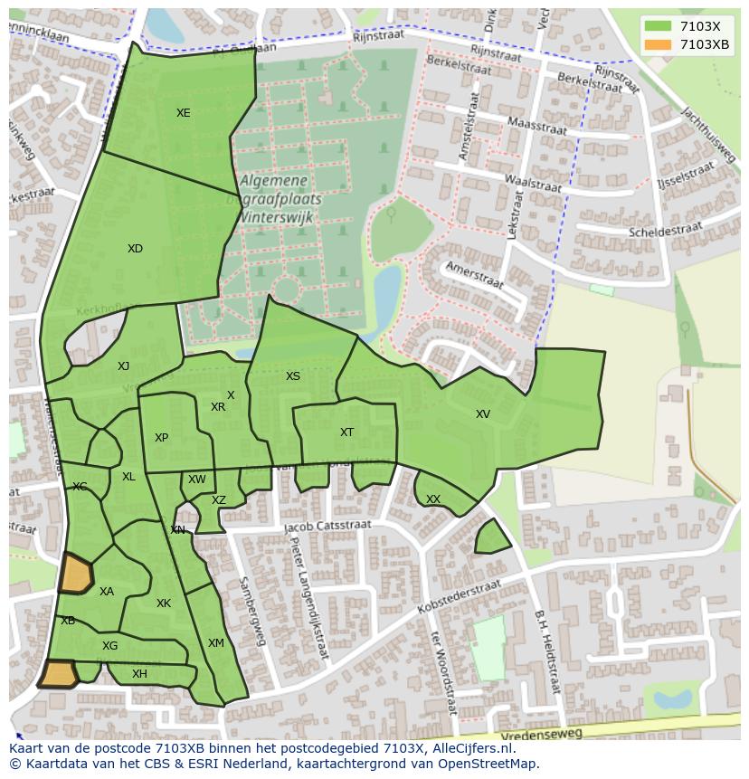 Afbeelding van het postcodegebied 7103 XB op de kaart.