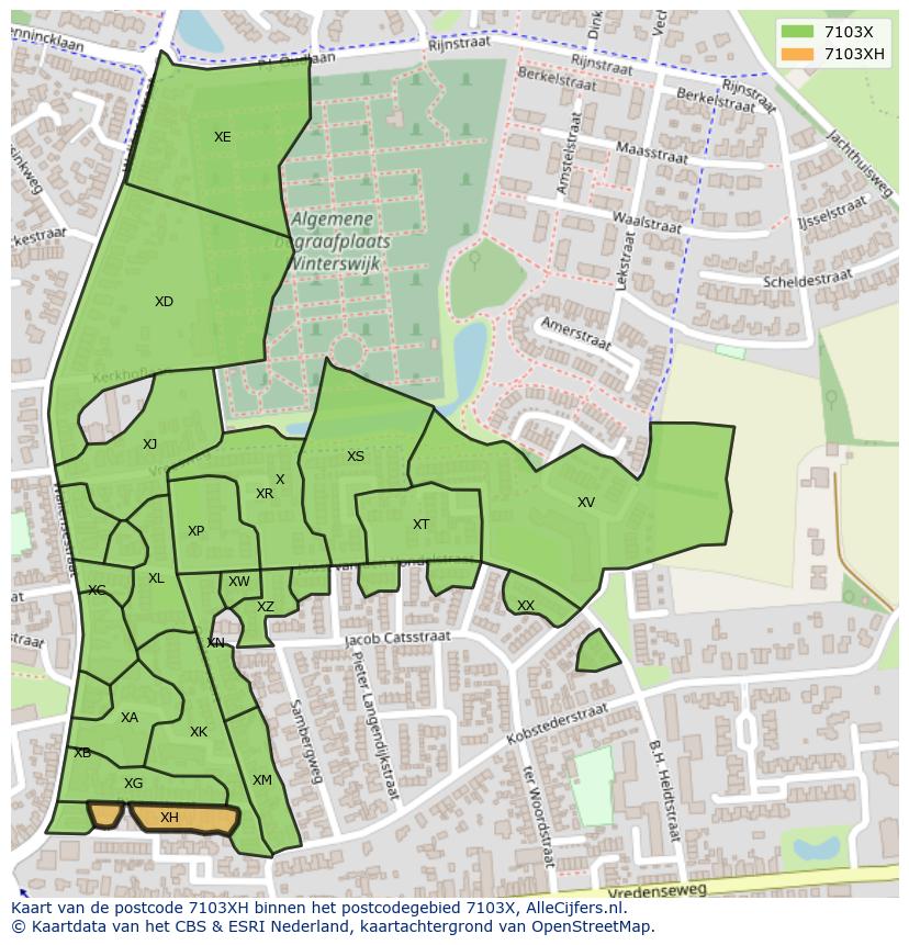 Afbeelding van het postcodegebied 7103 XH op de kaart.