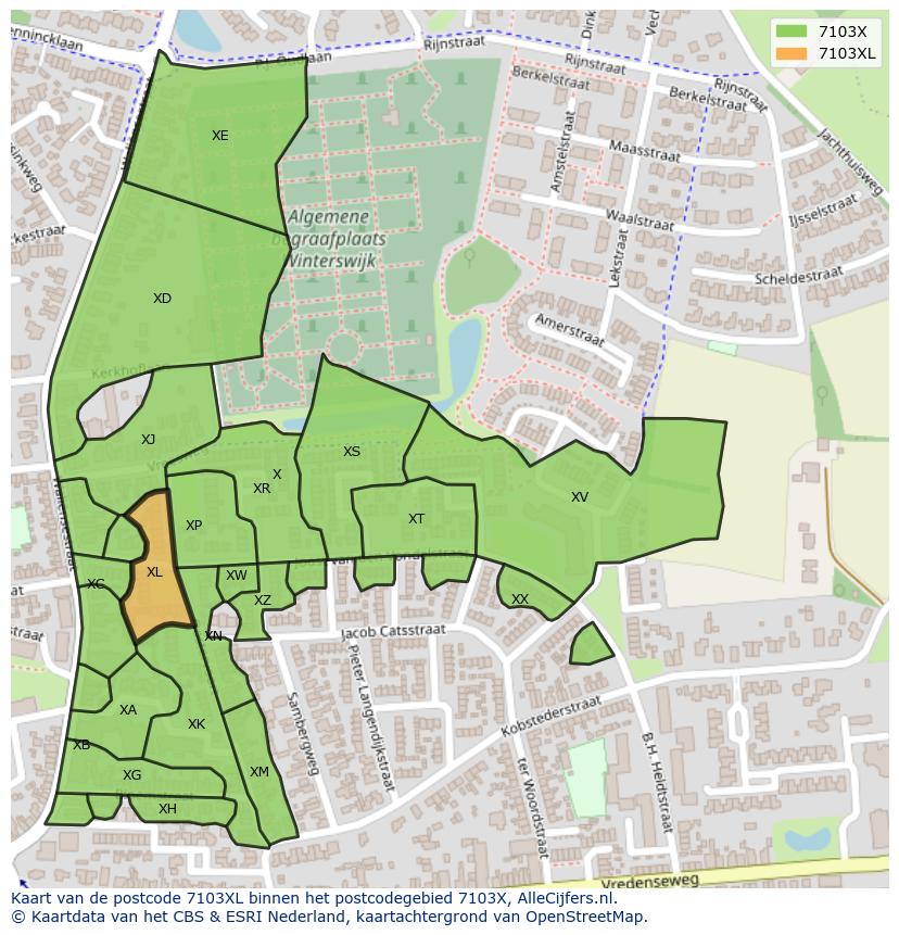 Afbeelding van het postcodegebied 7103 XL op de kaart.