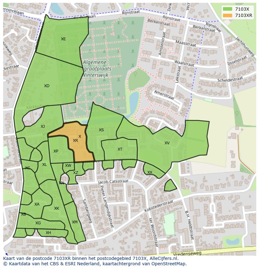 Afbeelding van het postcodegebied 7103 XR op de kaart.