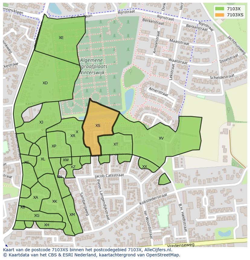 Afbeelding van het postcodegebied 7103 XS op de kaart.