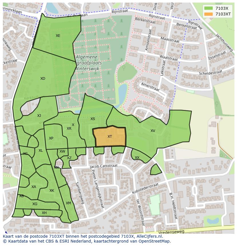 Afbeelding van het postcodegebied 7103 XT op de kaart.