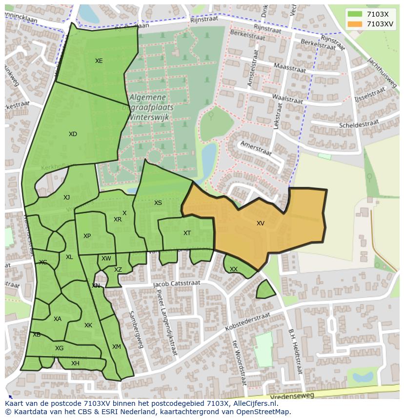 Afbeelding van het postcodegebied 7103 XV op de kaart.