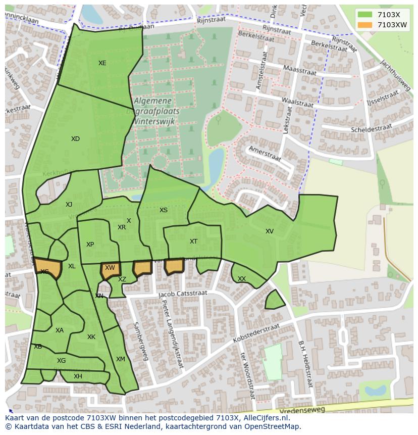 Afbeelding van het postcodegebied 7103 XW op de kaart.