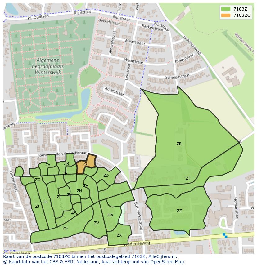 Afbeelding van het postcodegebied 7103 ZC op de kaart.