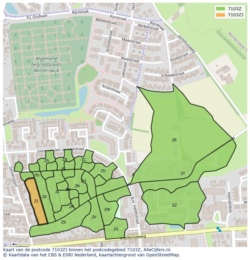 Afbeelding van het postcodegebied 7103 ZJ op de kaart.